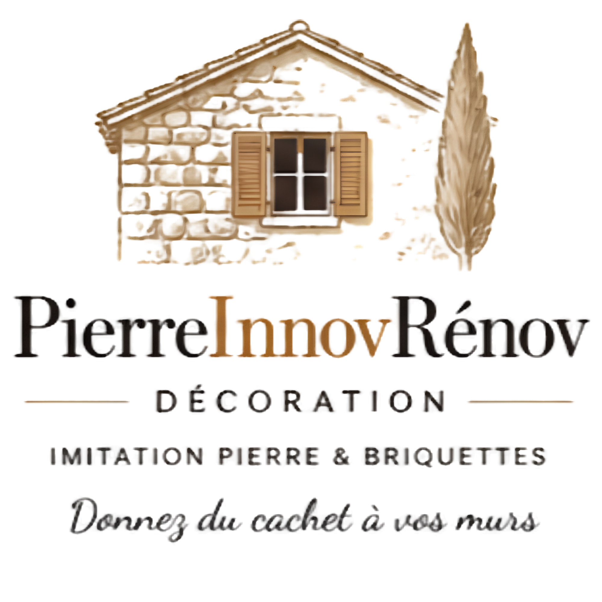 PierreInnovRénov — maison en pierre, volets et cyprès, avec la baseline « Donnez du cachet à vos murs »