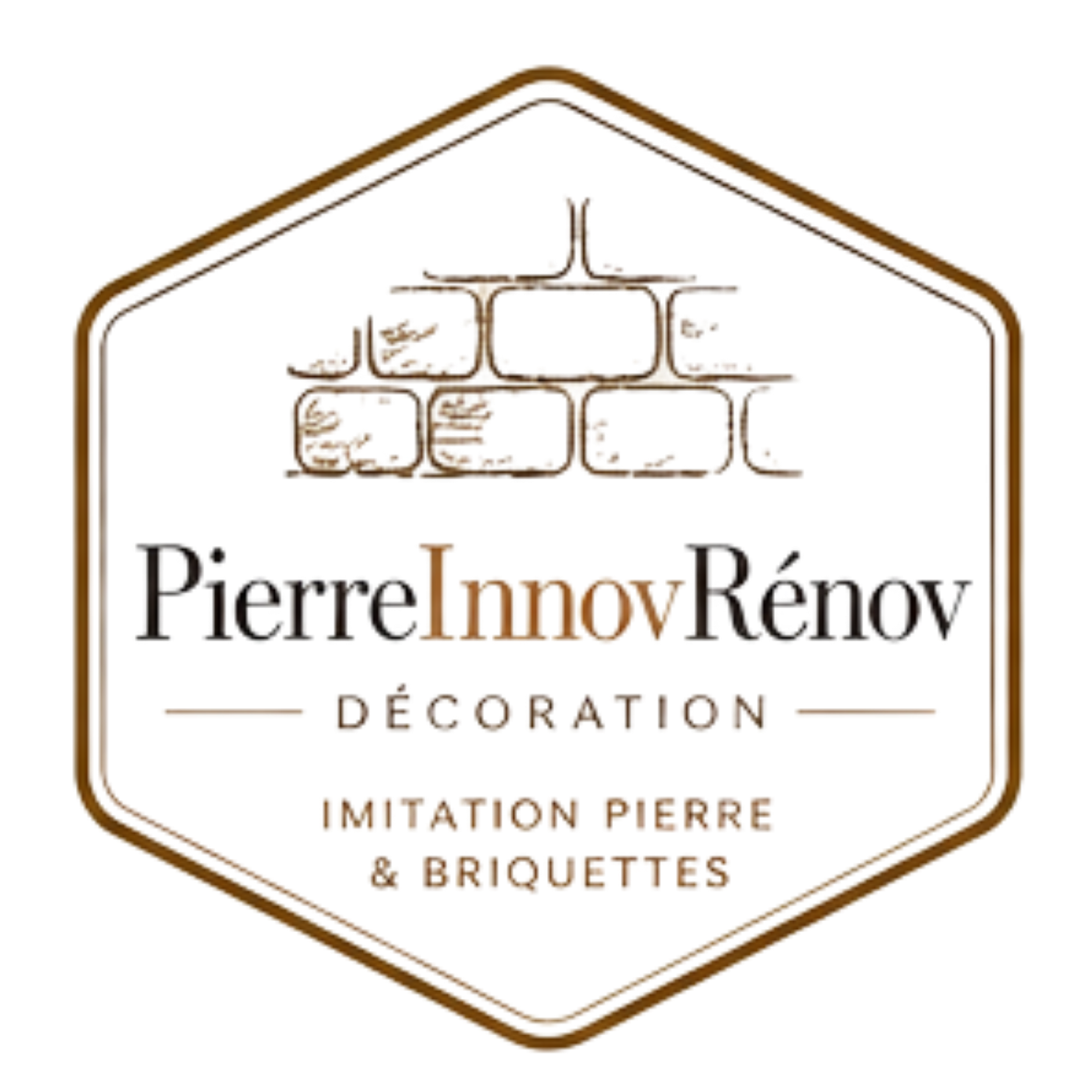 Logo hexagonal PierreInnovRénov, décoration en imitation pierre et briquettes