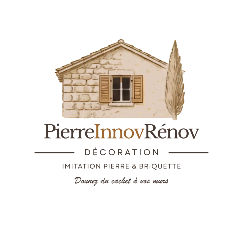 PierreInnovRénov — maison en pierre, fenêtre aux volets et cyprès ; décoration, imitation pierre et briquette ; baseline « Donnez du cachet à vos murs »